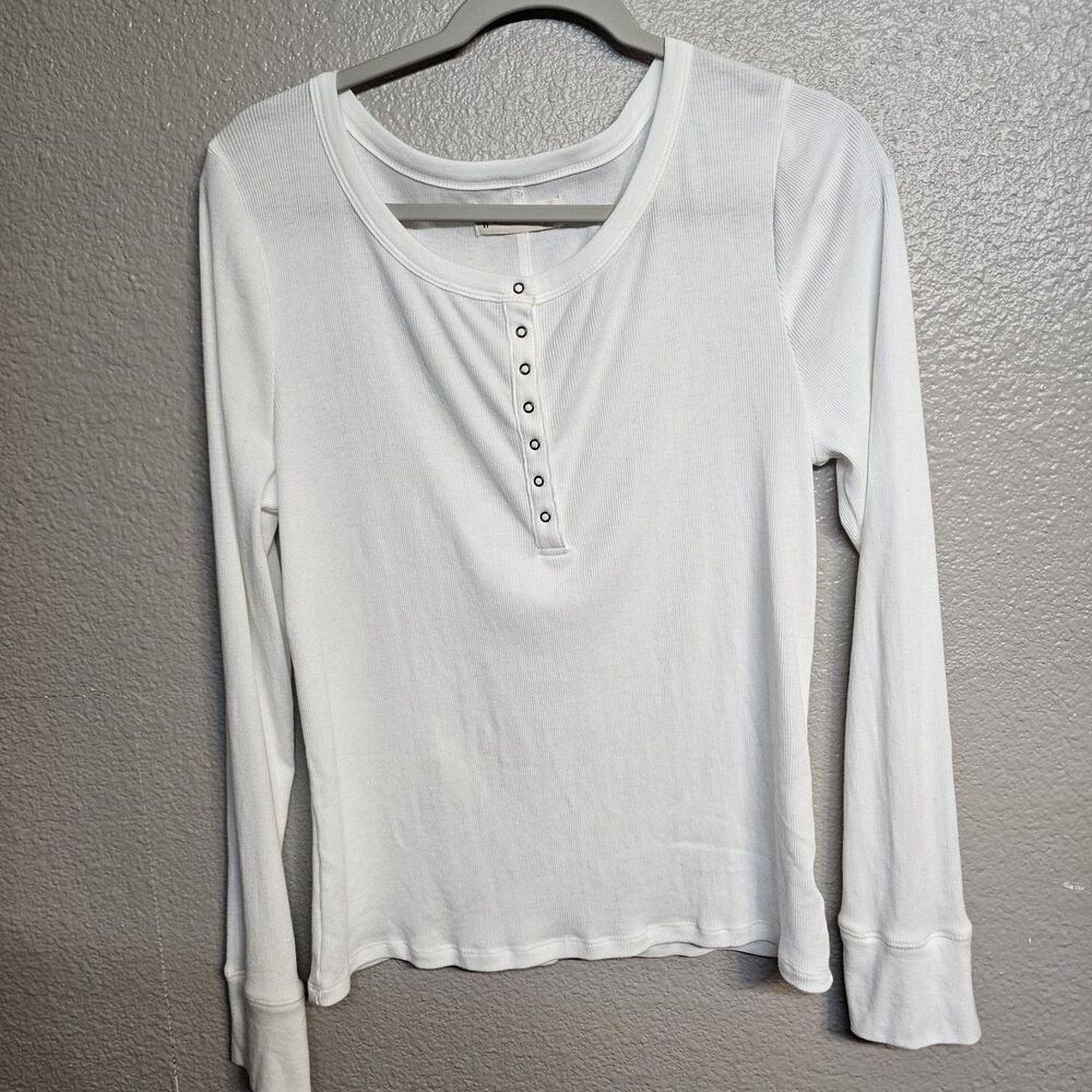 Lucky Brand White Ribbed Henley Long Sleeve Top XL Classic Wardrobe Staple HH802
